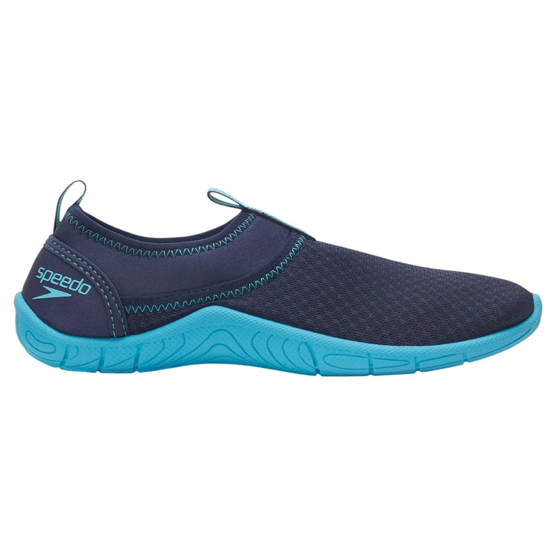 Load image into Gallery viewer, Navy and blue water shoe with Speedo logo on a white background
