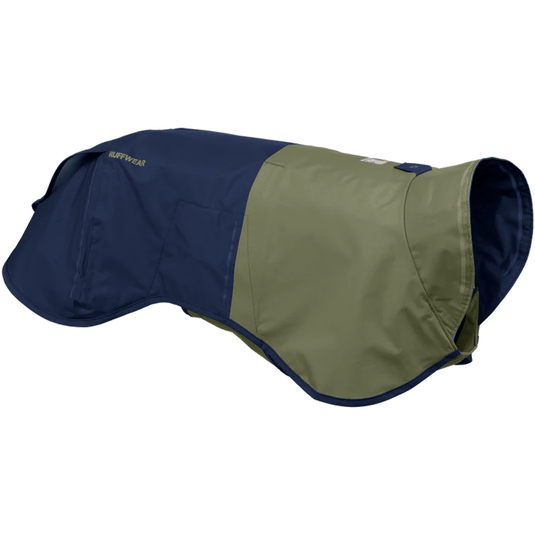 Two-tone dog coat with navy and green colors on a white background