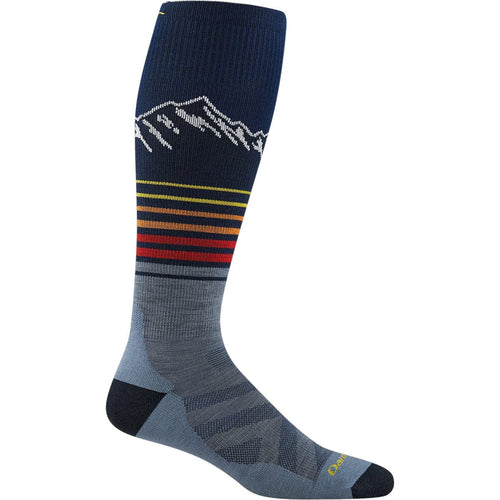 Sock with mountain design and colorful stripes on a white background