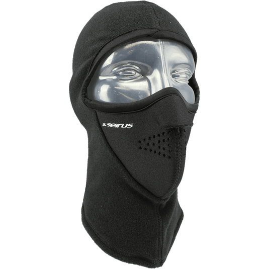 Black balaclava with a brand logo on a white background