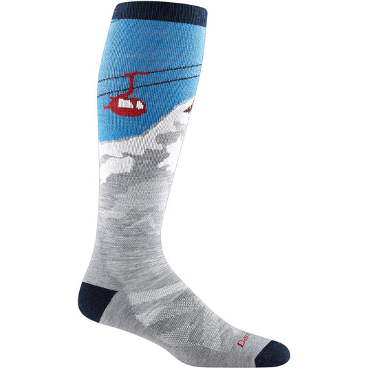 Ski sock with mountain and cable car design on a white background