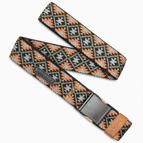 Woven belt with geometric pattern and metal buckle on a white background