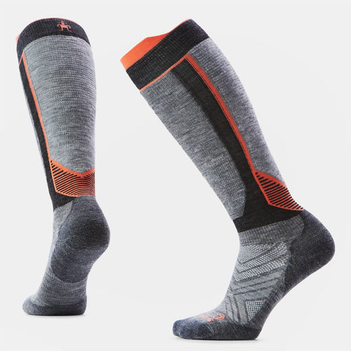 Gray knee-high socks with orange accents on a light gray background