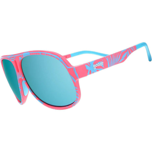 Sunglasses with pink and blue frame and turquoise lenses on a white background