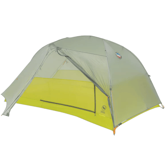 Green and yellow tent with a brand logo on a white background