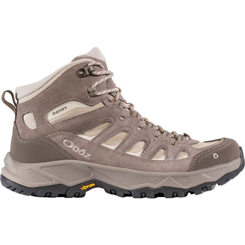 Brown hiking boot with 'Oboz' branding on a white background