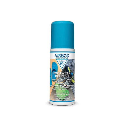 Nikwax Footwear Refresh deodorizing cleaner spray can on a white background