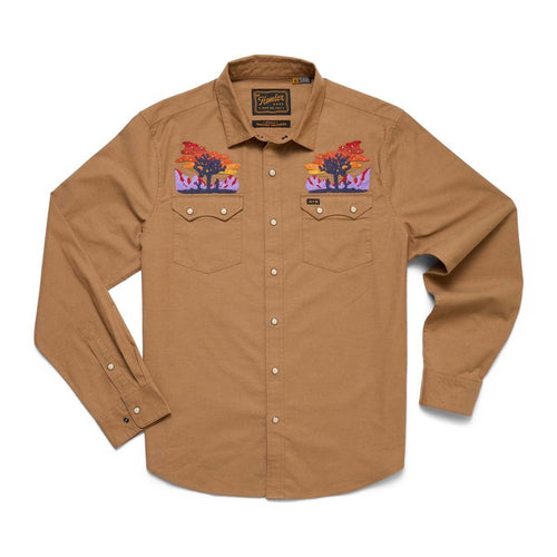 Brown shirt with embroidered designs on a white background