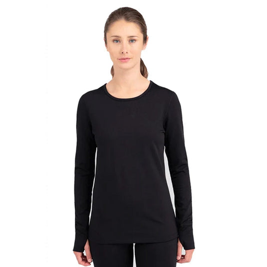 Woman wearing a black long-sleeve shirt on a white background