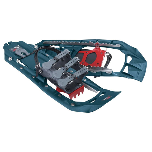 Teal snowshoe with red accents on a white background