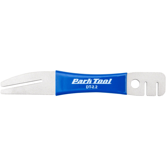 A Park Tool DT-2.2 chain tool key, featuring a bright blue handle with white branding and silver-colored metal ends, shown against a plain white background.