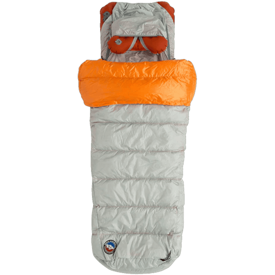 Gray and orange sleeping bag with a visible brand logo on a white background