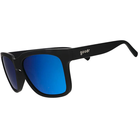 Black sunglasses with blue lenses on a white background
