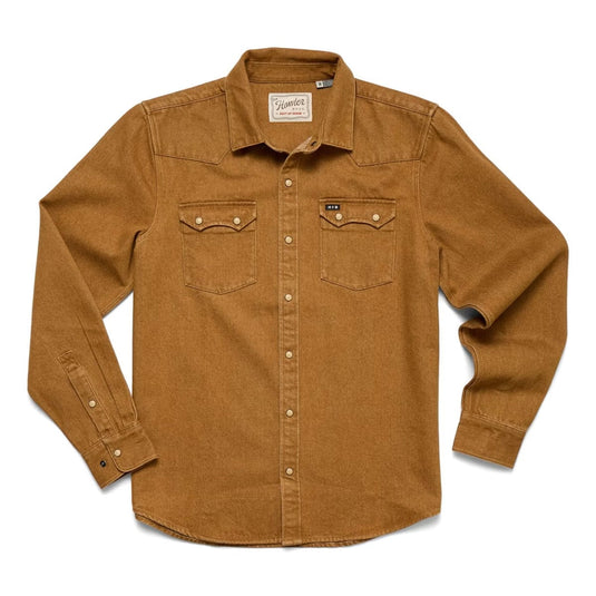 Brown button-up shirt with a collar on a white background