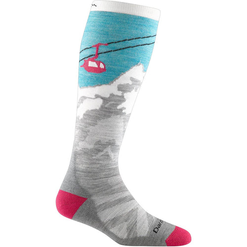 Ski-themed sock with mountain and cable car design on a white background
