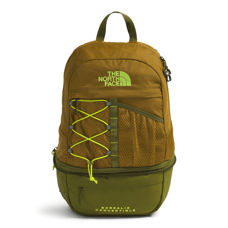 Load image into Gallery viewer, Green and brown backpack with The North Face logo on a white background
