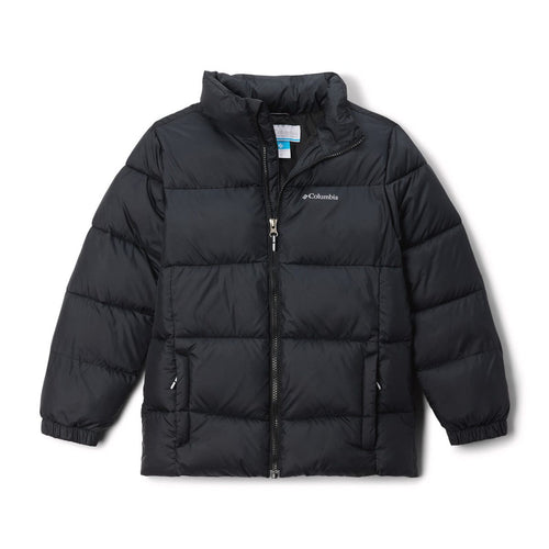 Black puffer jacket with Columbia logo on a white background