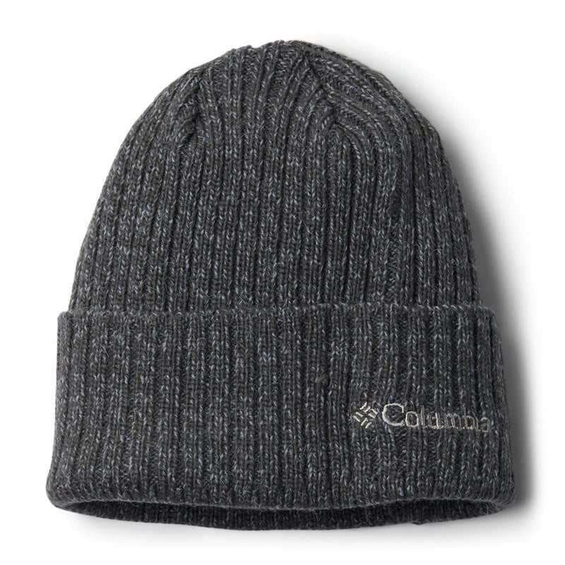 Load image into Gallery viewer, Dark gray knit beanie with Columbia logo on a white background
