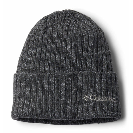 Dark gray knit beanie with Columbia logo on a white background