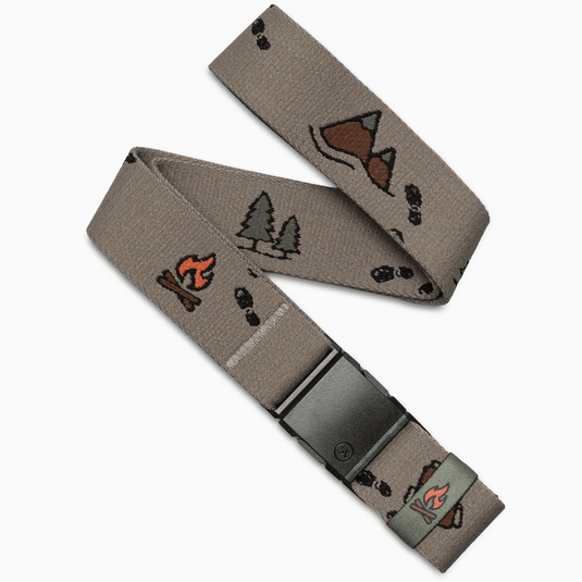 Gray belt with nature-themed embroidery on a white background