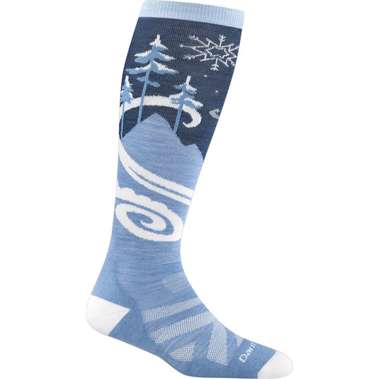 Blue sock with winter scene design on a white background