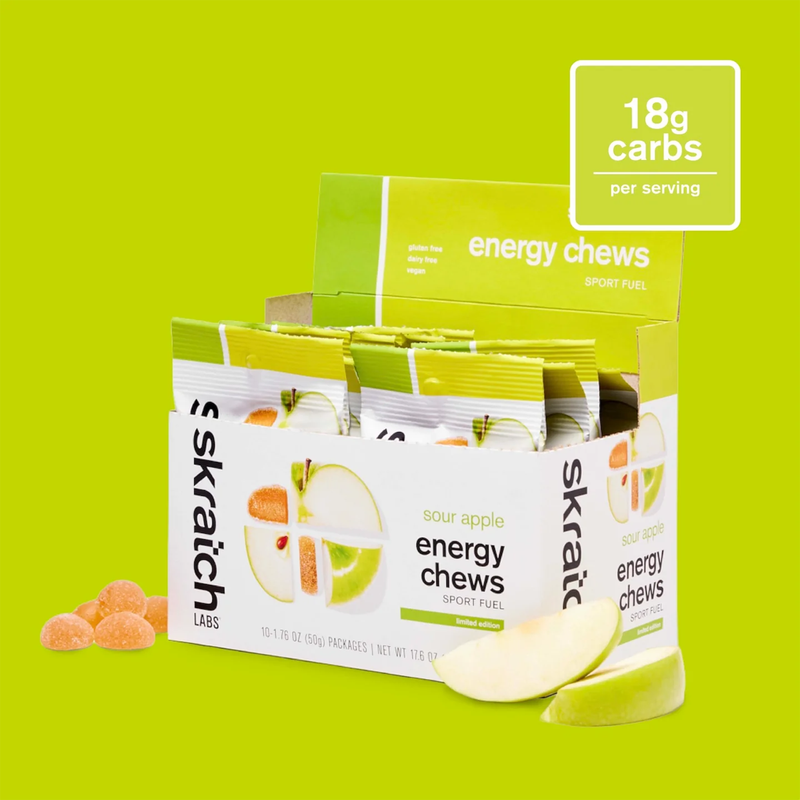 Load image into Gallery viewer, Skratch Labs energy chews packaging on a green background
