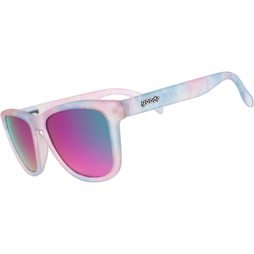 Sunglasses with pink and blue gradient lenses on a white background