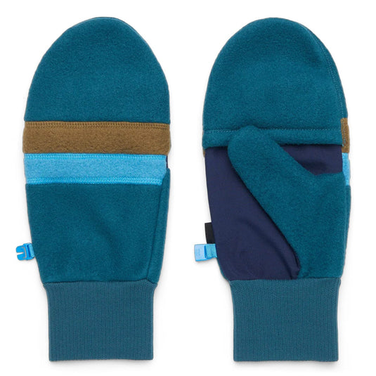 Pair of blue mittens with color-blocked design on a white background