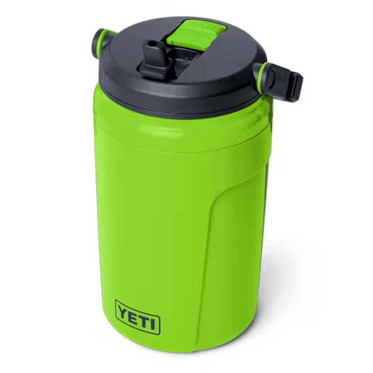 Green YETI mug with a black lid on a white background