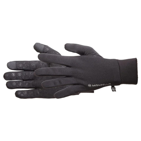 Black gloves with touchscreen tips on a white background, featuring the Manzella brand.