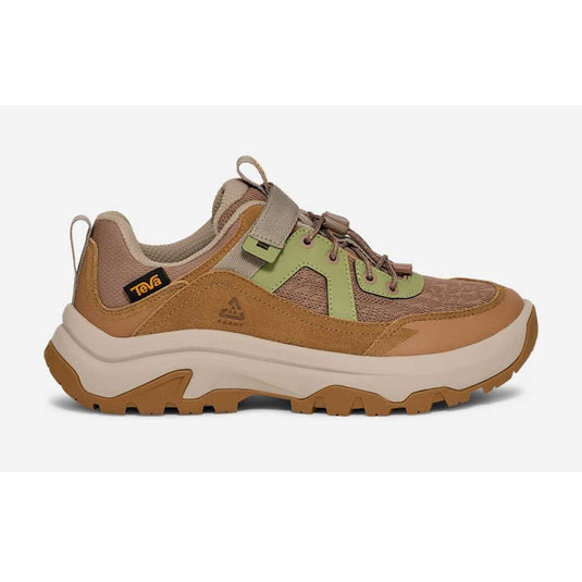 Brown and beige sneaker with green accents on a white background