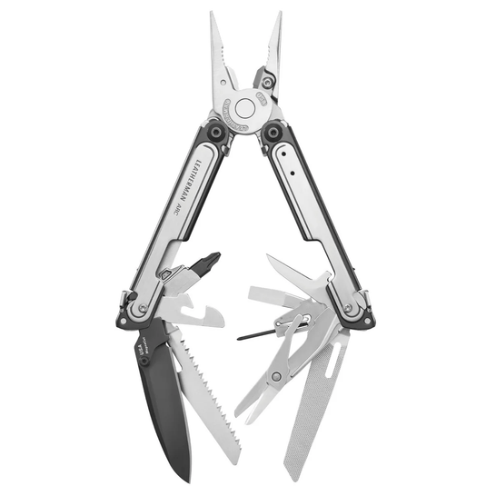Multitool with various tools extended on a white background