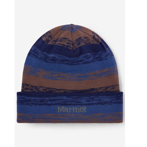 Blue and brown striped beanie with 'Marmot' logo on a white background