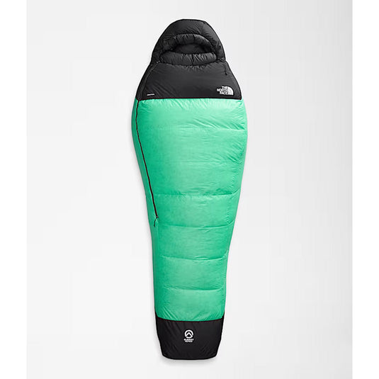 Green and black sleeping bag with The North Face logo on a white background