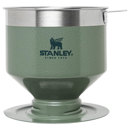 Green and silver camping coffee filter with Stanley logo on a white background