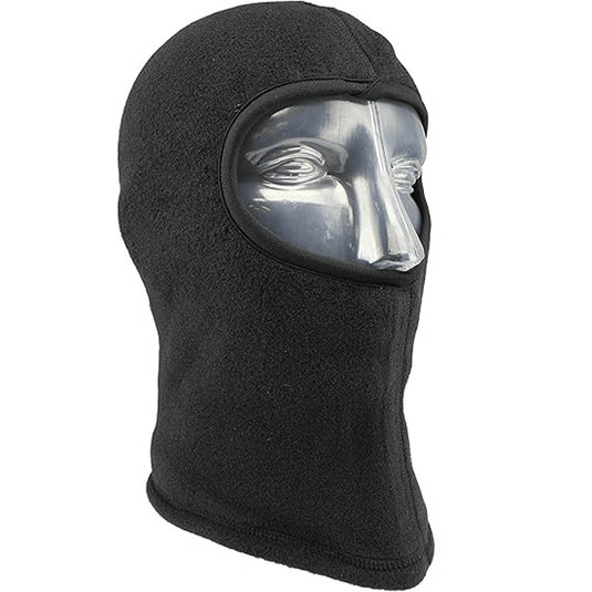 Black balaclava with a clear face window on a white background