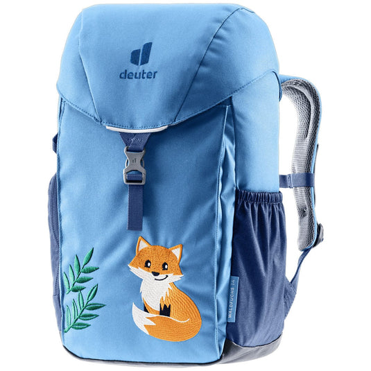 Blue children's backpack with a fox design and Deuter logo on a white background