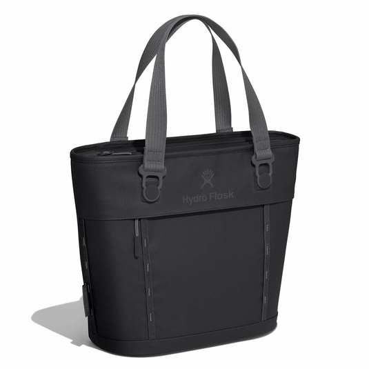 Black tote bag with Hydro Flask logo on a white background