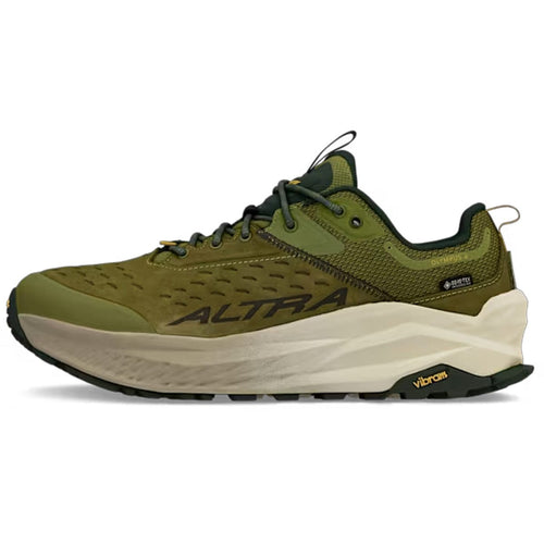 Green running shoe with 'Altra' branding on a white background