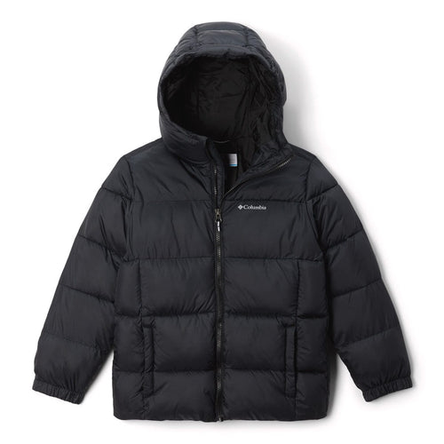 Black puffer jacket with Columbia logo on a white background
