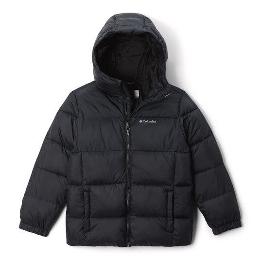 Black puffer jacket with Columbia logo on a white background