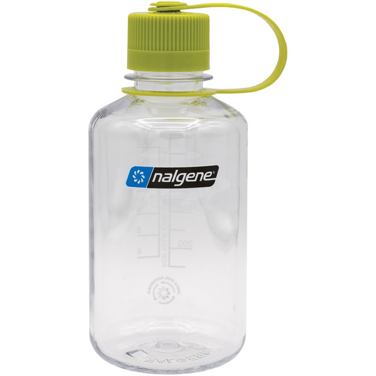 A clear plastic Nalgene water bottle with a lime green screw cap and matching carrying loop, shown on a plain white background.
