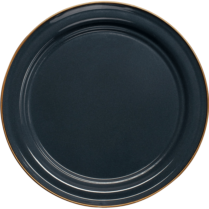 Load image into Gallery viewer, A round dinner plate in a dark navy blue color with a thin gold rim, shown from a top-down perspective on a white background.
