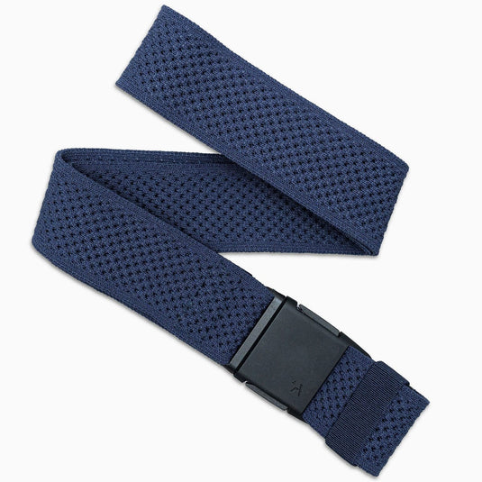 Blue woven belt with a black buckle on a white background