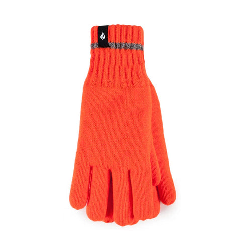 Orange glove with a black and gray band on a white background