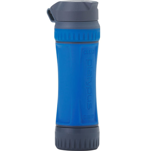 A blue Platypus Quickdraw water filter squeeze bottle with gray caps and branding details.