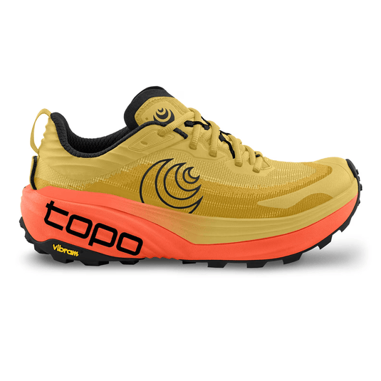Yellow and orange running shoe with 'Topo' branding on a white background