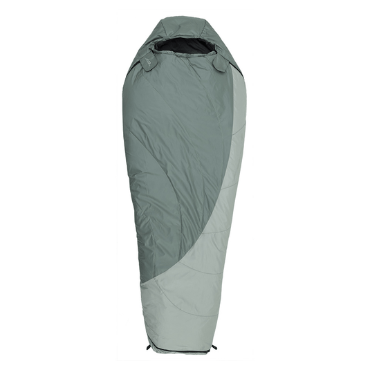 A two-tone sleeping bag shown flat against a solid white background. The upper portion is a muted sage green, while the lower portion and the hood area are a light gray.
