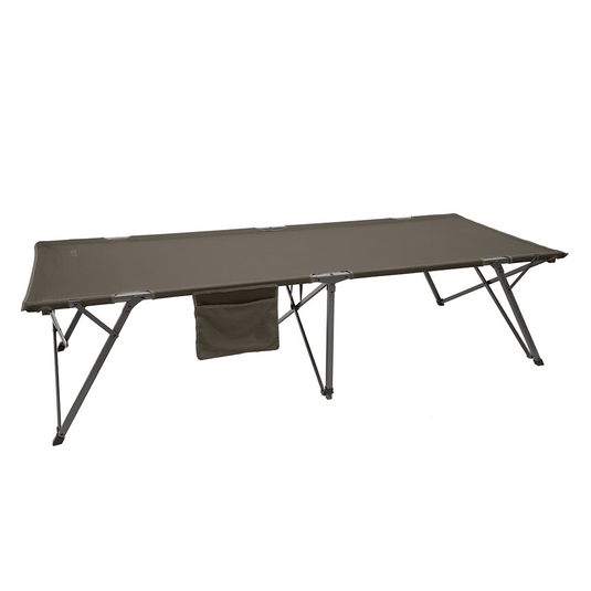 A brown canvas camping cot with a dark gray metal frame and an attached brown storage pouch underneath, shown against a plain white background.