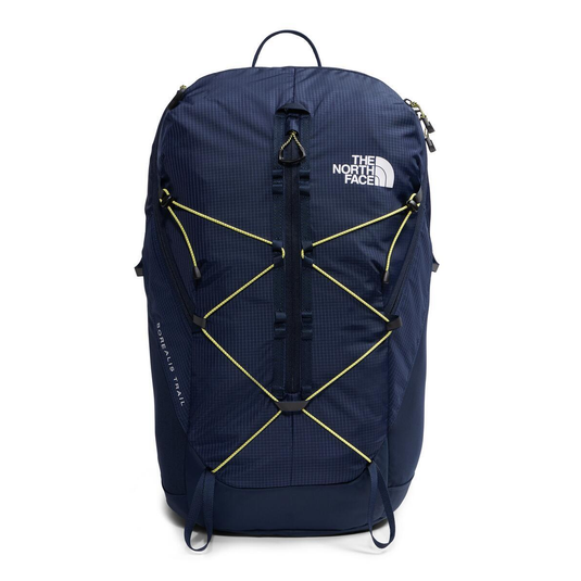 Navy blue backpack with yellow accents and The North Face logo on a white background